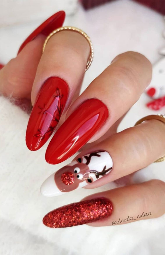 40 Festive Christmas and Holiday Nails 2021 : Red Snowflake and Rudolph Manicure