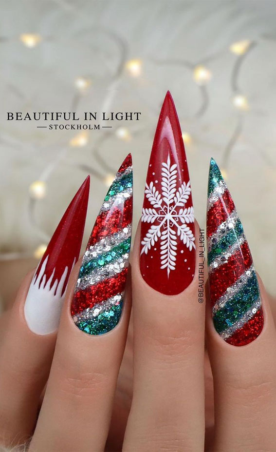 30 Christmas Nail Designs for 2021 : Snowflake, Green and Red Candy Cane Nails