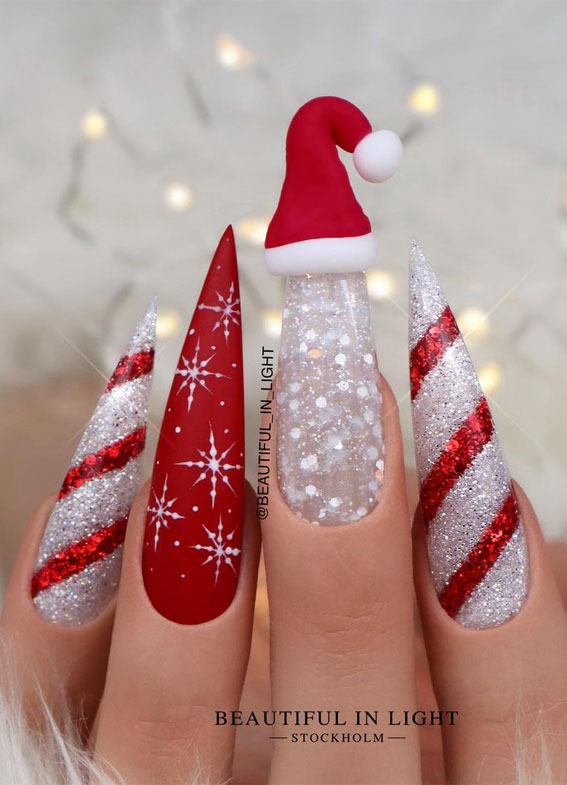 30 Christmas Nail Designs for 2021 : Red and Silver Candy Cane Nails