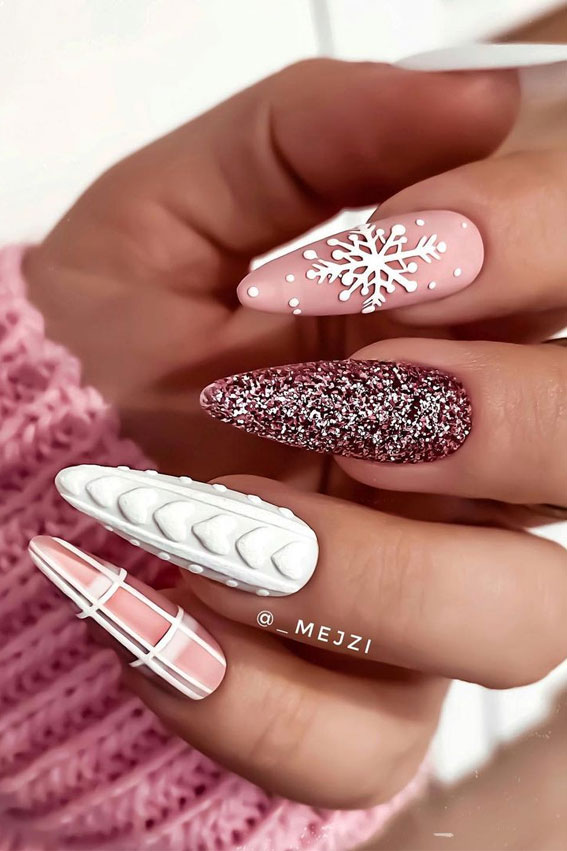 30 Christmas Nail Designs for 2021 : Snowflake Pink and Rose Gold Nails