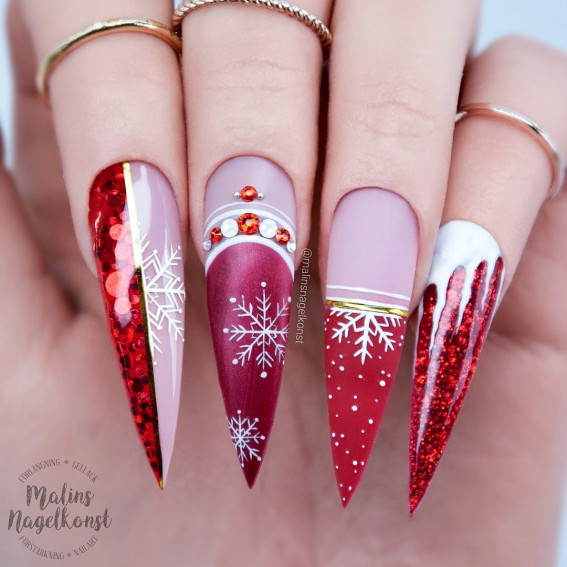 30 Christmas Nail Designs for 2021 : Red Christmas Stiletto Nails