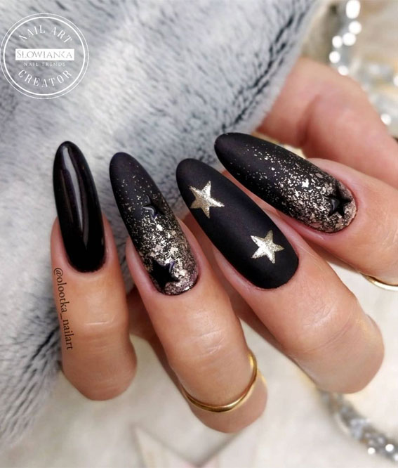 new years eve nails, festive nails, holiday nails 2021, new years eve nails 2021, black and gold nails