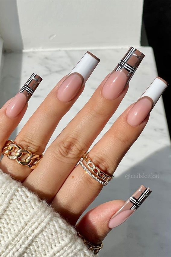 30 Cute Ways To Wear Fall Plaid Nail Designs : White and Brown Plaid French  Nails