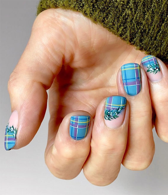 30 Christmas Nail Designs for 2021 : Wintery Blue Green Tartan Nails