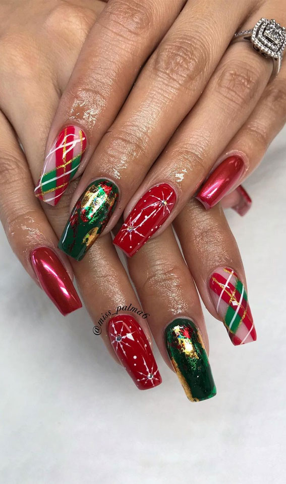 Nail Art Design: retro christmas, new years 2011 nails, red and green nail,  red snowflake nail, lime green nail, short nails with glitter, natural nail  art, unique nail art, gold ribbon nail,