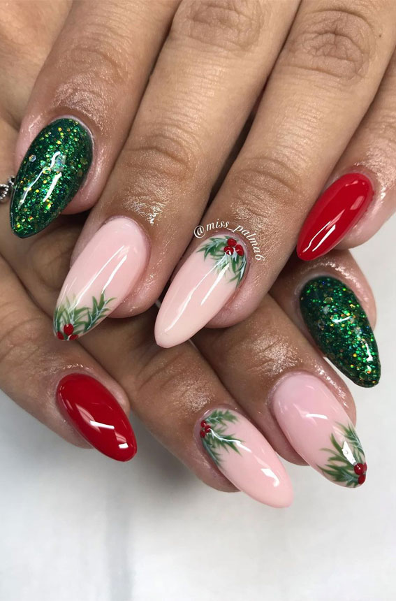 green and red mistletoe nails, christmas nail designs 2021, christmas nails, christmas nail ideas 2021, festive nails, holiday nails 2021, winter nail trends 2021