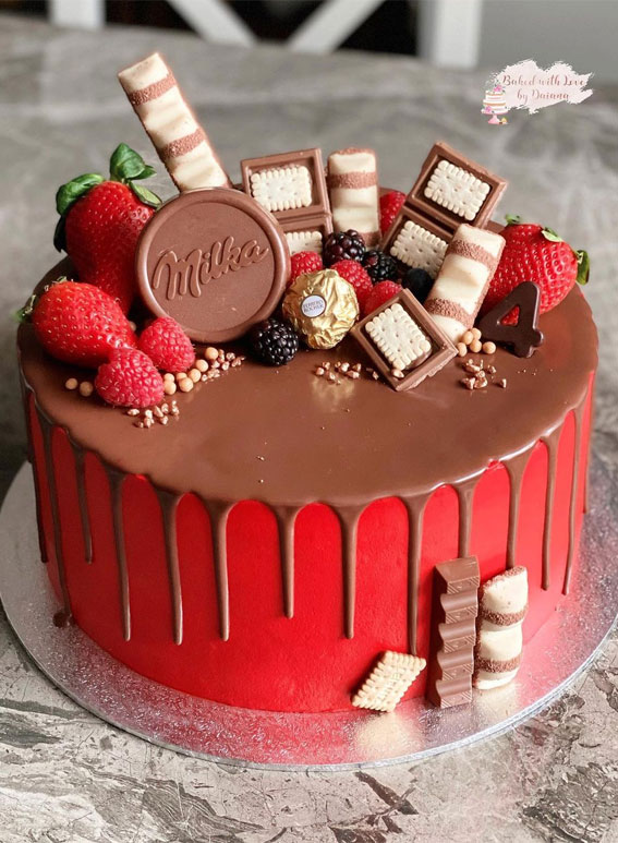 20 Pretty Festive Cakes For Birthday & Holidays : Red Cake with Chocolate Icing Drips