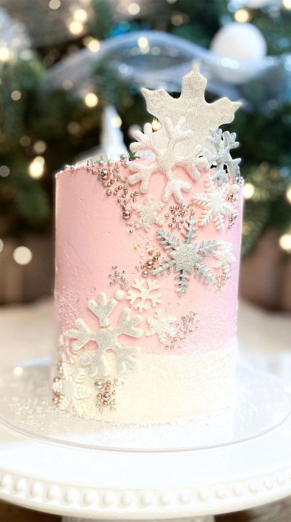 ombre pink winter cake, snowflake winter cake, winter cake