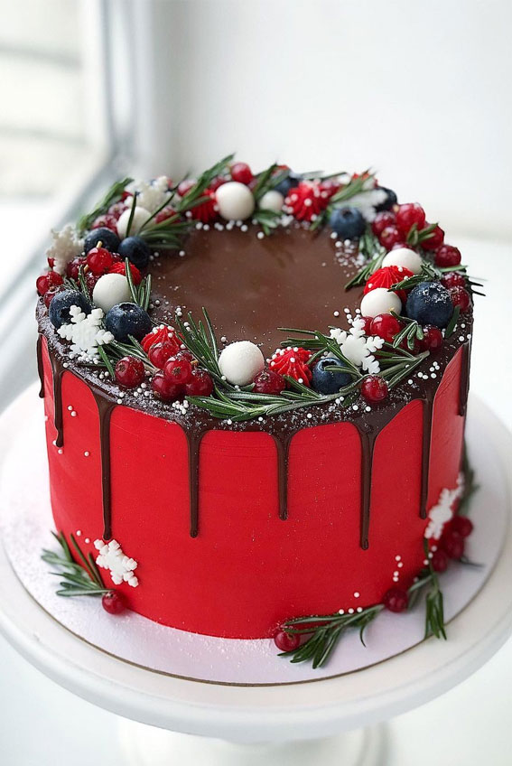 25 Winter Cakes For Your Holiday Festive : Red Winter Cake with Chocolate Drips