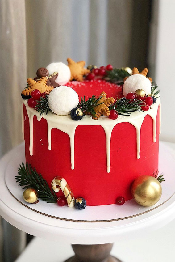 25 Winter Cakes For Your Holiday Festive : Red Wintery Cake with White Icing Drips