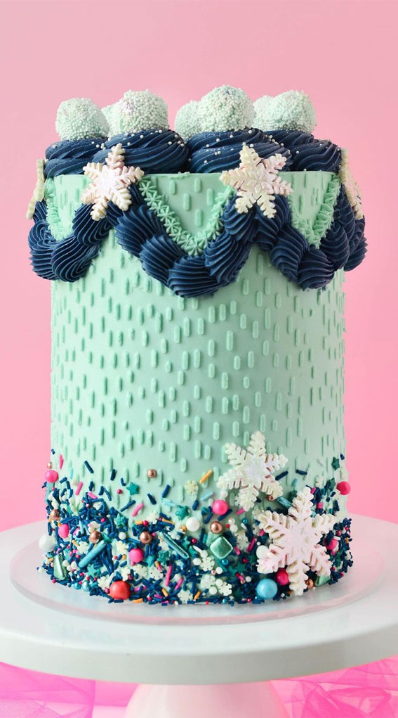 25 Winter Cakes For Your Holiday Festive : Mint Green and Navy Blue Cake