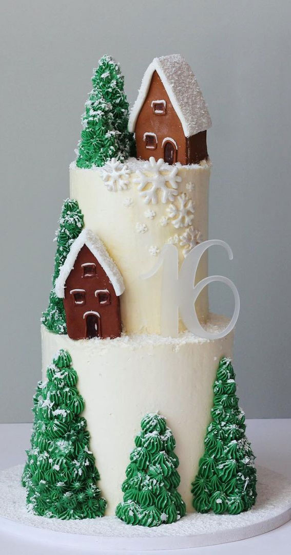 25 Winter Cakes For Your Holiday Festive : Two Tiered White Winter Wonderland Cake