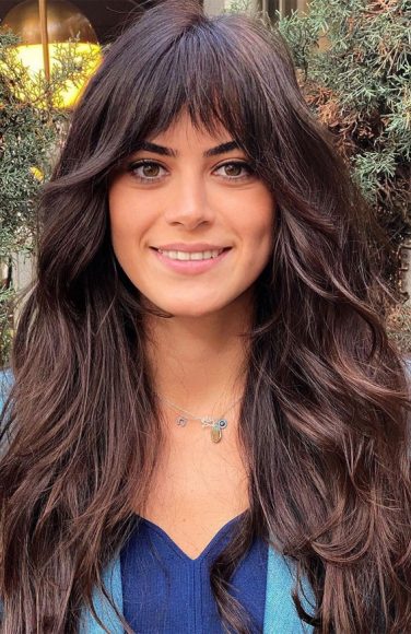 The 45 Prettiest Hair Colours For Winter : Long Brunette Hair with Bangs