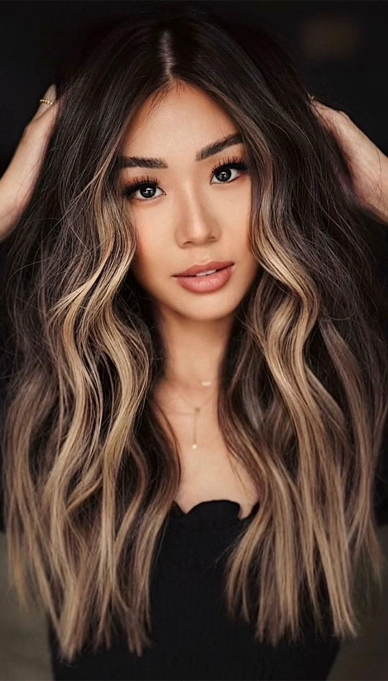 The 45 Prettiest Hair Colours For Winter : Dark Long Hair with Blonde  Face-Framing