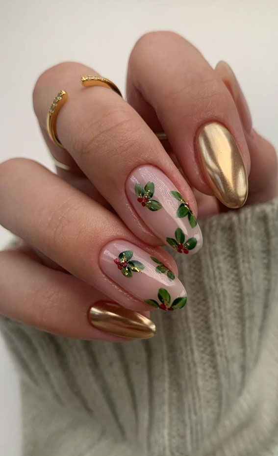 festive foliage nails, chrome nails, holiday christmas nails, christmas nails 2021