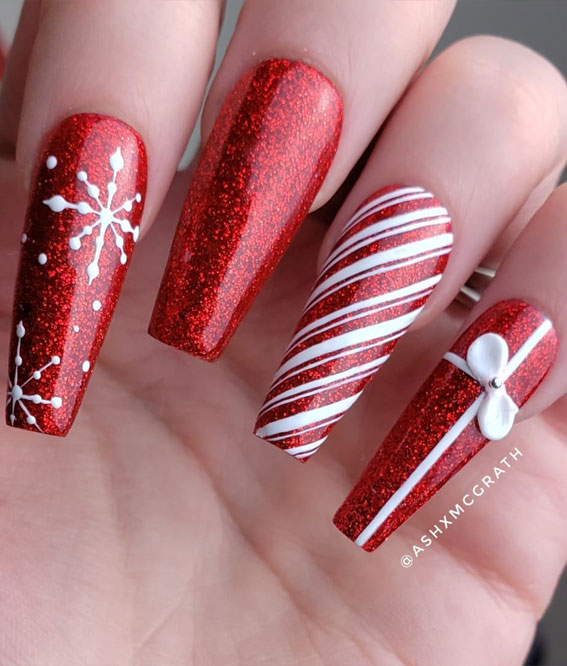 27 Best Holiday Nail Art Designs : Candy Cane Snowflake and Present Red Christmas Nails