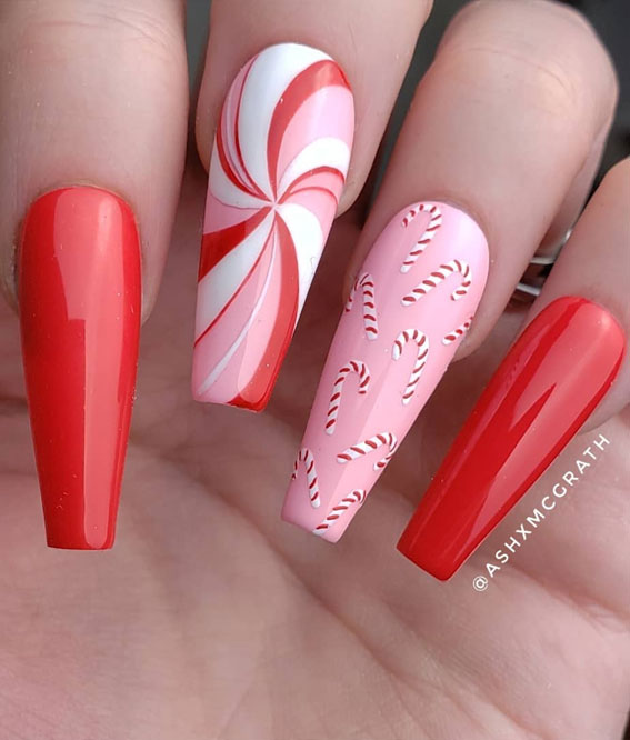 27 Best Holiday Nail Art Designs : Candy Cane Pink and Red Christmas Nails