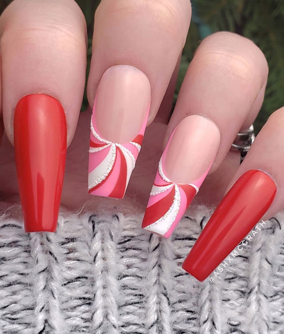 27 Best Holiday Nail Art Designs : Candy Cane Tip Red Christmas Nails