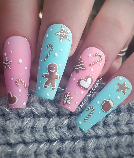 27 Best Holiday Nail Art Designs : Blue and Pink Christmas Nails