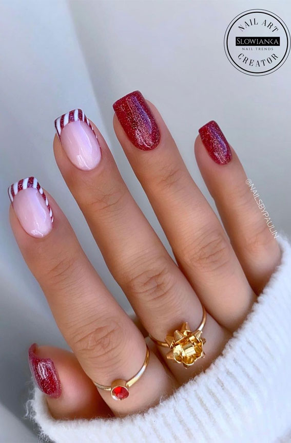 27 Best Holiday Nail Art Designs : Candy Cane Tip Red Nails