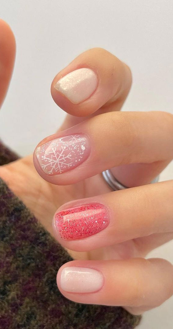 27 Best Holiday Nail Art Designs : Shimmery Pink & Snowflake Nails