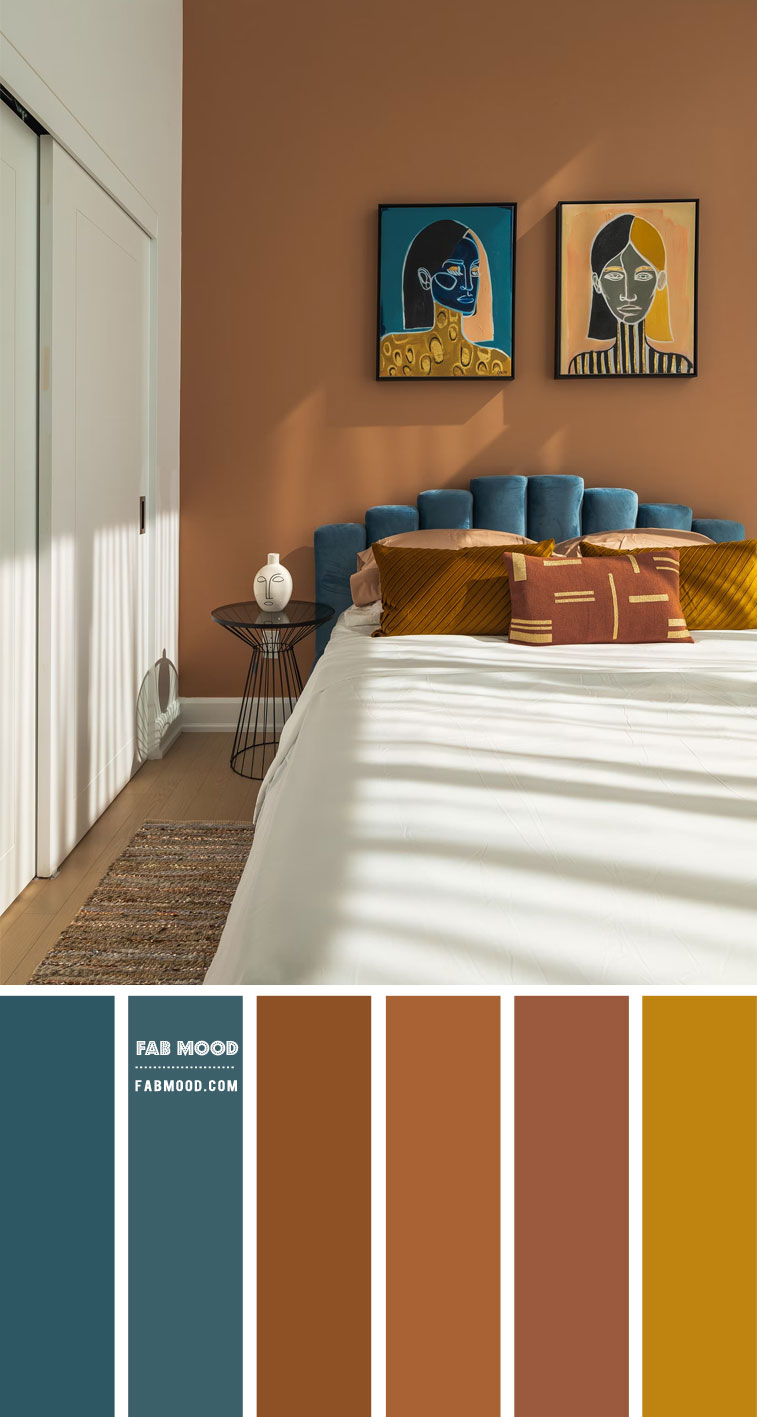 14 Beautiful Bedroom Colour Schemes : Brown Terracotta and Teal Bedroom