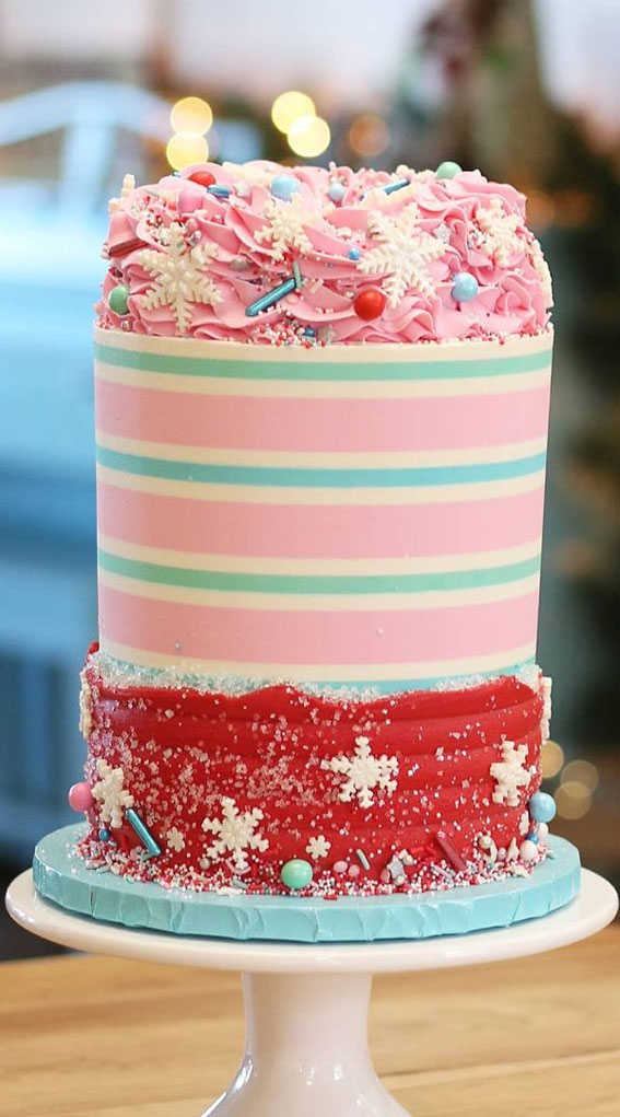 22 Scrumptious Festive Cakes for Celebrating the Holidays : Candy Cane Effect Cake with Little Snowy