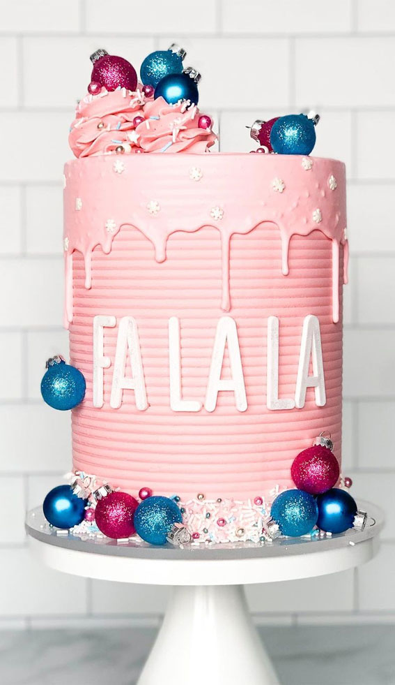 22 Scrumptious Festive Cakes for Celebrating the Holidays : Pink Buttercream Festive Cake with Baubles