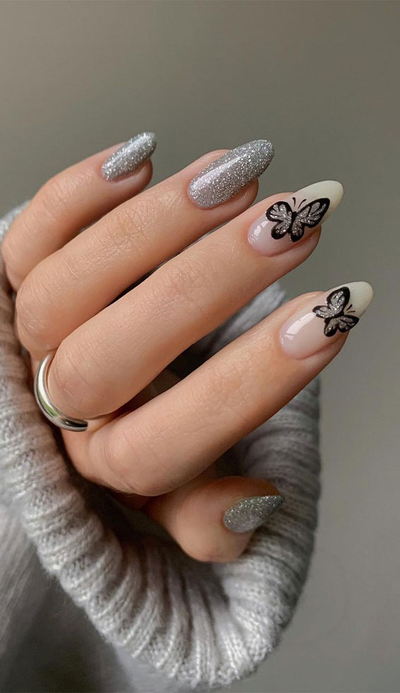 30 Glitter Nails To Bright Up The Season : Reflective Glitter Butterfly Nails