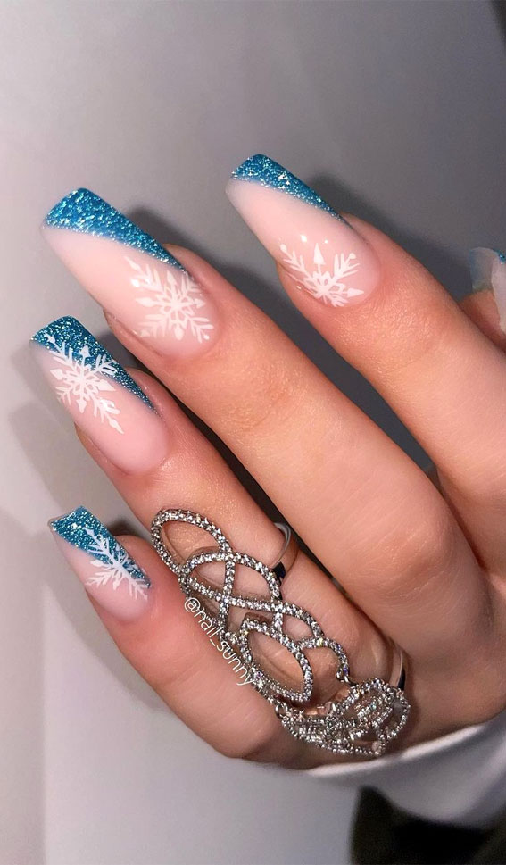 blue teal glitter tip nails, glitter holiday nails, glitter nail designs, glitter french tip nails, glitter french nails