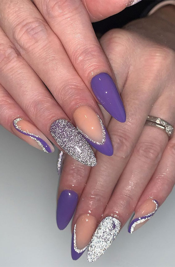 purple and silver glitter tip nails, glitter holiday nails, glitter nail designs, glitter french tip nails, glitter french nails