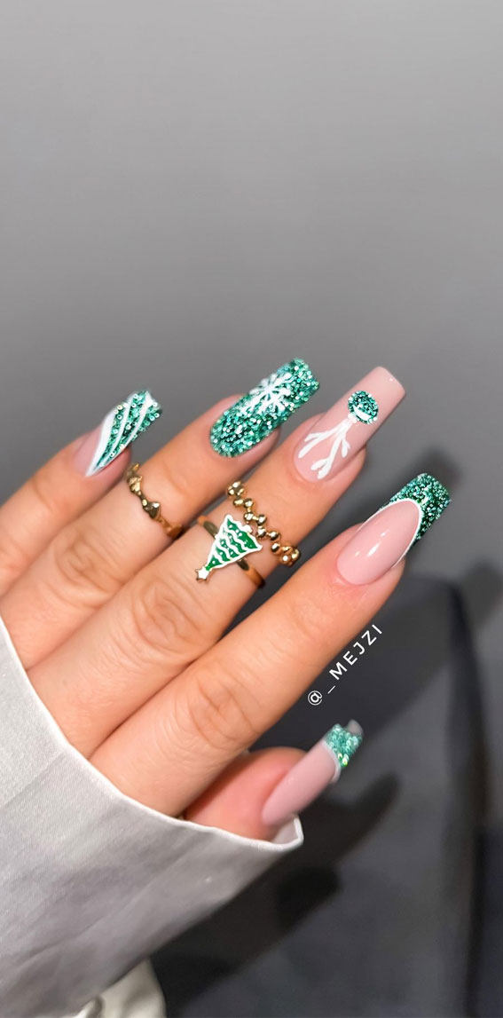 reflective green glitter nails, glitter tip nails, glitter holiday nails, glitter nail designs, glitter french tip nails, glitter french nails