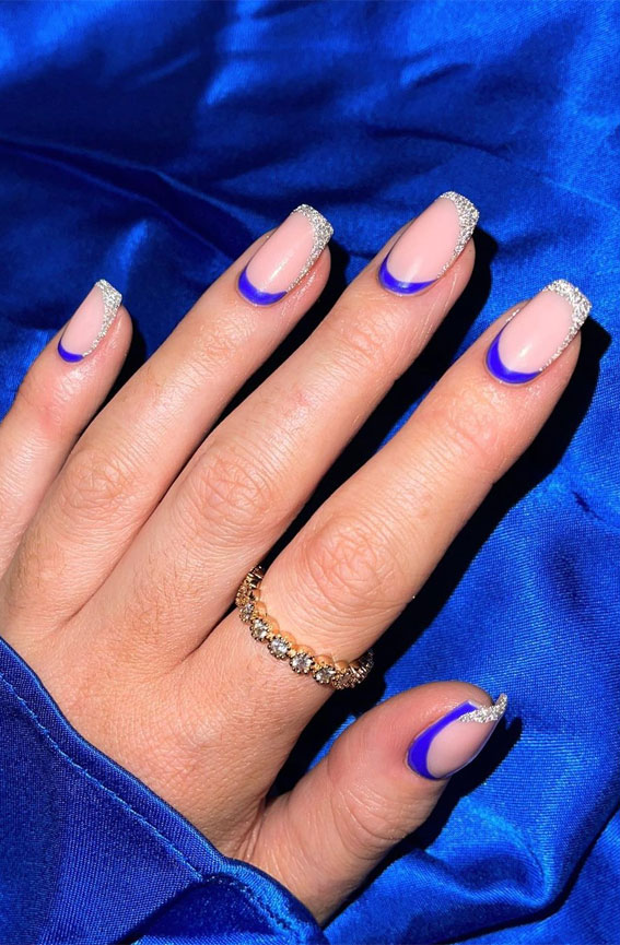 30 Glitter Nails To Bright Up The Season : Bright Blue & Silver Glitter  French Tip Nails