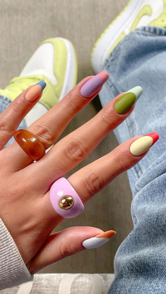 colorful french tips, skittle french manicure, french manicure 2022, nail trends 2022, summer nail trends 2022, spring nail trends 2022