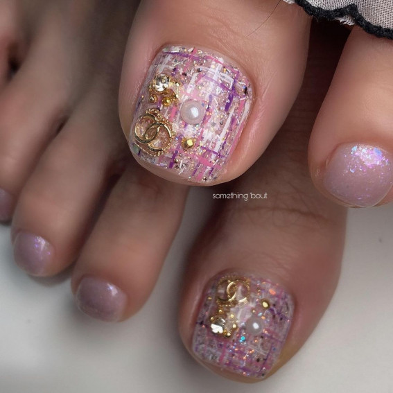 25 Pretty Pedicure Designs & Trends 2022 : Pearl & Gold Embellishments