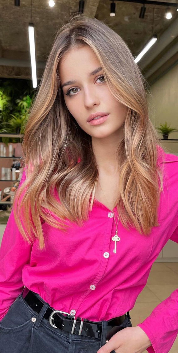 50 Flattering Blonde Highlights Ideas For 2022 : Peach Tone Highlights Long Lob Hairstyle