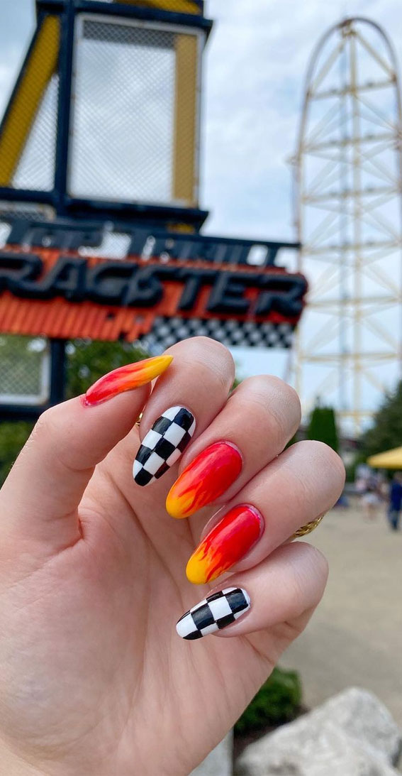 orange flame nails, checkered nails, mix and match nails