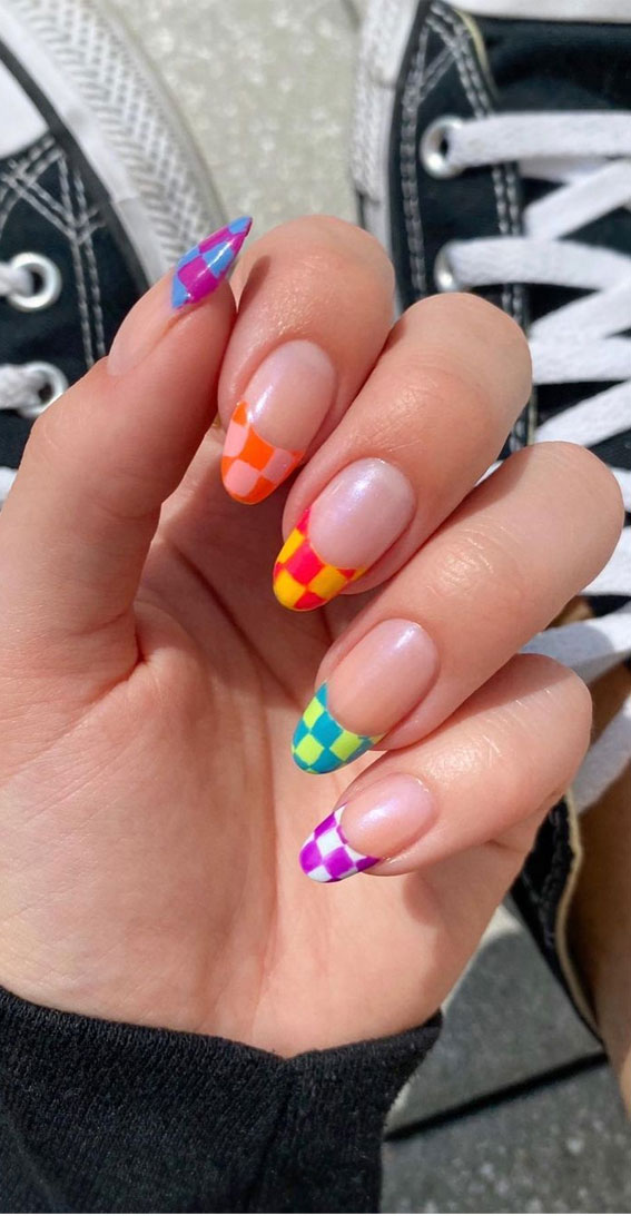 colorful checkered nails, checkered nails design, checkered tip nails, summer nails 2022