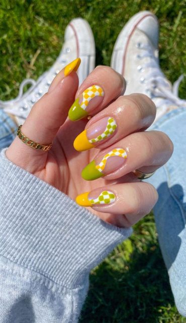 35 Trendy Checkered Nail Art Designs : Neon French & Checkered Nails