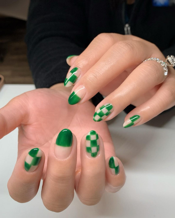 35 Trendy Checkered Nail Art Designs : Green Color Block & Checkered Nails