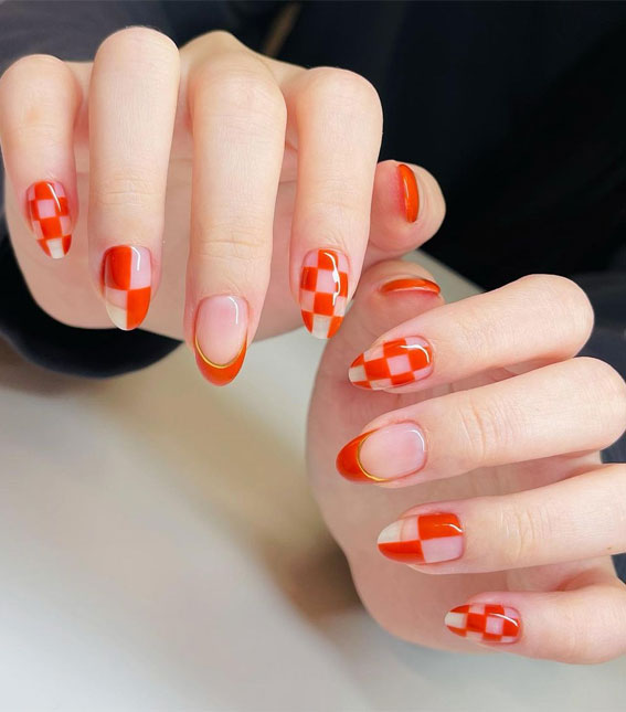 35 Trendy Checkered Nail Art Designs : Orange French Tips & Checkered Nails
