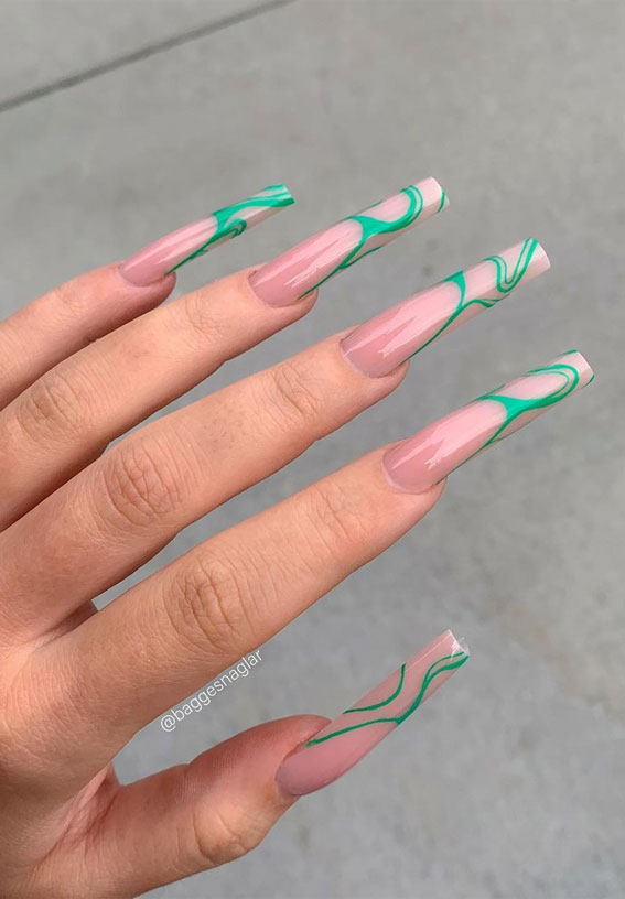 40 Trendy Ways To Wear Green Nail Designs Green Swirl Nude Long Nails