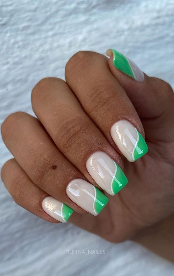 side french jade green nails, jade green nails, green short nails, trendy green nails