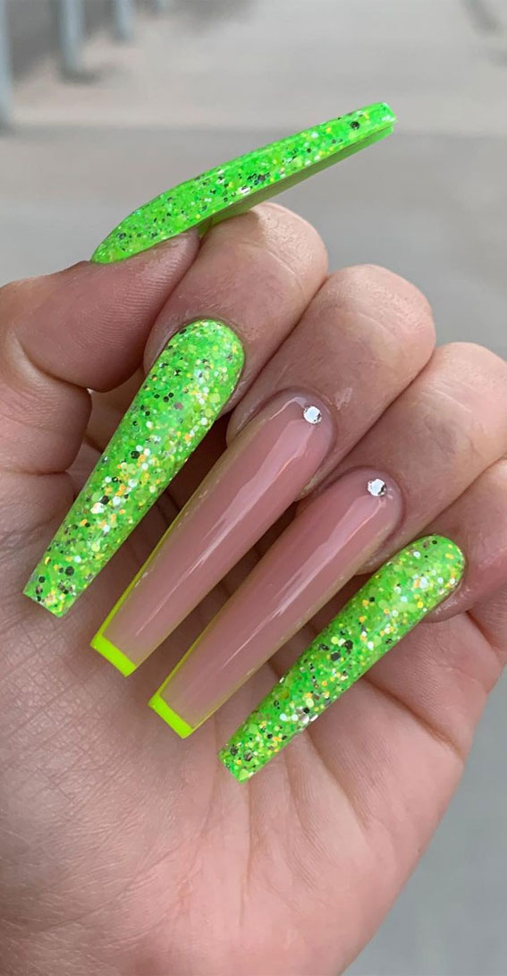 glitter neon green nails, green nail designs 2022, spring green nails, green french tips, gradient green nails, ombre green nails, sage green nails 2022, sage nail colors, emerald green nail ideas, green nail ideas