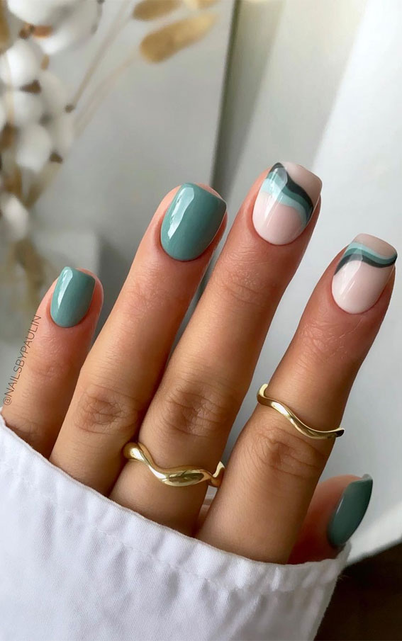 40+ Trendy Ways To Wear Green Nail Designs : Muted Green & Swirl Short Nails