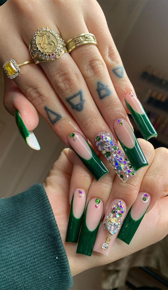 40+ Trendy Ways To Wear Green Nail Designs : Glam Green French Tip Nails