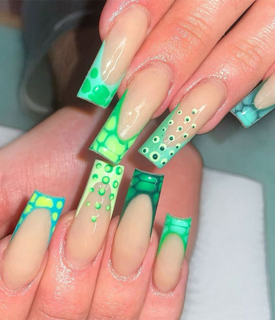 green french tip nails, shades of green snake print french tips, snake print french tip nail art design