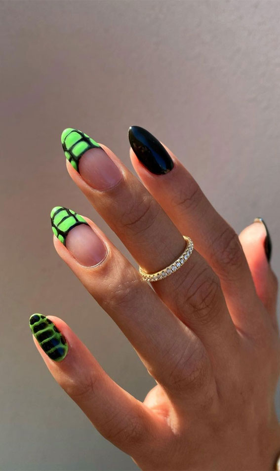 40+ Trendy Ways To Wear Green Nail Designs : Neon Green Snake Print French Tips