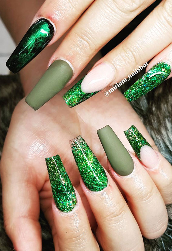 40+ Trendy Ways To Wear Green Nail Designs : Matte Green Army & Shimmery Green Nails