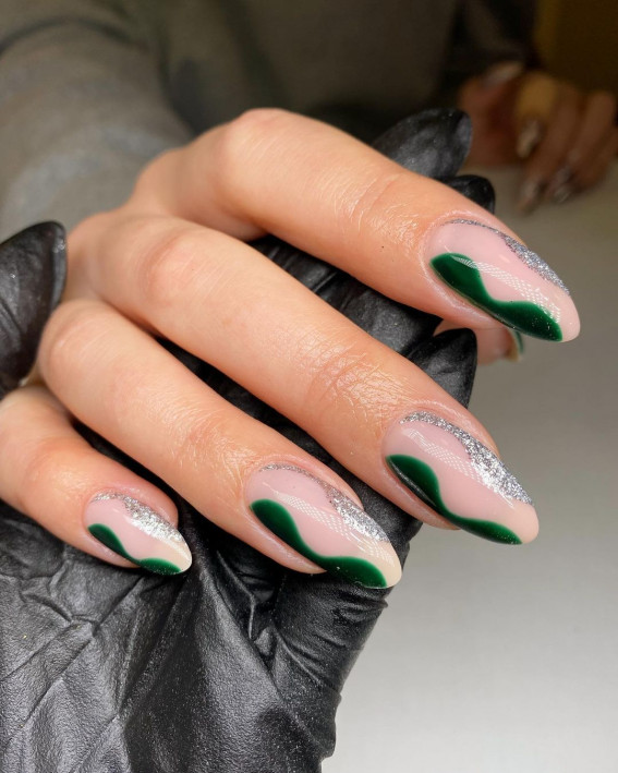 40+ Trendy Ways To Wear Green Nail Designs : Silver and Green Negative Nails